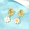 Daisy Flower Brass Dangle Stud Earrings, with Enamel, Cadmium Free & Lead Free, Rack Plating, Long-Lasting Plated, Real 18K Gold Plated, 33x14mm