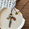 Bohemian Style Alloy & Wood Oval Pendant Waxed Cord Double Layer Necklaces for Women, Antique Bronze, Feather, 19.69~23.62 inch(50~60cm)