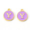 Golden Plated Alloy Enamel Charms, Enamelled Sequins, Flat Round with Letter, Medium Purple, Letter.Y, 14x12x2mm, Hole: 1.5mm