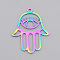 Ion Plating(IP) 201 Stainless Steel Pendants, Laser Cut, Hamsa Hand//Hand of Miriam with Evil Eye, Rainbow Color, 28x23x1mm, Hole: 1.8mm
