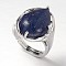 Teardrop Platinum Tone Brass Gemstone Adjustable Wide Band Rings, Lapis Lazuli, 18mm, Tray: 20x17mm