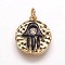 Hammered Brass Pendants, with Enamel and Cubic Zirconia, Flat Round with Hamsa Hand/Hand of Fatima, Golden, 17x14.5x3mm, Hole: 3mm