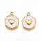 304 Stainless Steel Pendants, with Enamel, Flat Round with Heart Charms, Ion Plating(IP), Real 18K Gold Plated, White, 16x12.5x2.5mm, Hole: 1.6~1.8mm