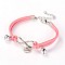 Leather Cord Brass Infinity link Bracelets, with Tibetan Style Findings and Brass Lobster Claw Clasps, Pink, 180mm