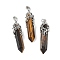 Natural Tiger Eye Pendants, Bullet Charms, with Rack Plating Brass Leaf Findings, Cadmium Free & Lead Free, 44~46x11.5~12x12mm, Hole: 8x5mm