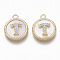 Brass Micro Pave Cubic Zirconia Pendants, with Shell, Flat Round with Letter, Nickel Free, Clear, Creamy White, Real 18K Gold Plated, Letter.T, 17x14x4mm, Hole: 1.8mm