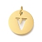 Ion Plating(IP) 304 Stainless Steel Pendants, with Jump Ring, Laser Cut, Flat Round with Letter Charm, Real 18K Gold Plated, Letter V, 20x1mm, Hole: 4.5mm