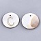 Natural Freshwater Shell Pendants, with Golden Plated Brass Etched Metal Embellishments, Flat Round with Letter, Letter.C, 15x2mm, Hole: 1.2mm