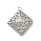 Brass Pendants, Cadmium Free & Nickel Free & Lead Free, Rhombus, Hollow, Real Platinum Plated, 36x32x10mm, Hole: 2mm