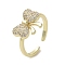 Brass Micro Pave Cubic Zirconia Open Cuff Ring, Cadmium Free & Lead Free, Bowknot, Real 16K Gold Plated, Inner Diameter: 18mm