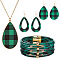 Tartan Pattern Imitation Leather Teardrop Pendant Necklace & Dangle Earrings & Multi-Strand Bracelet, Golden Alloy Jewelry Set for Women, Green, 850mm, 78x37mm, 80x39mm, 192mm In Diameter