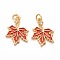 Autumn Theme Brass Cubic Zirconia Charms, with Enamel, Cadmium Free & Lead Free, Golden, Maple Leaf, Crimson, 15x11x1.5mm, Hole: 2mm