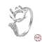 Rhodium Plated 925 Sterling Silver Micro Pave Cubic Zirconia Cuff Ring Findings, Cat Shape Prong Ring Settings, with 925 Stamp, Real Platinum Plated, Tray: 8x8.5mm, Inner Diameter: 16.6mm
