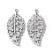 Brass Micro Pave Cubic Zirconia Pendants, Cadmium Free & Nickel Free & Lead Free, Leaf Charms, Platinum, 27x13x3.5mm, Hole: 1mm
