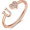 Adjustable Brass Rhinestone Cuff Rings, Letter & Heart, Rose Gold, Letter U, Inner Diameter: 15~20mm