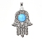 Tibetan Style Alloy Resin Pendants, Hamsa Hand/Hand of Fatima/Hand of Miriam, Cyan, 42x29x6mm, Hole: 7x5mm