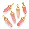 Cherry Quartz Glass Double Terminated Pointed Pendants, Dyed, with Random Alloy Pendant Hexagon Bead Cap Bails, Bullet, Golden, 37~40x12.5x10mm, Hole: 3x4.5mm