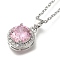 304 Stainless Steel Cable Chain Necklaces, Brass Clear Cubic Zirconia Flat Round Pendant Necklaces, Platinum & Stainless Steel Color, Pink, 17.91 inch(45.5cm)