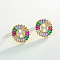 Brass Colorful Cubic Zirconia Stud Earrings, Flat Round, Golden, Letter H, 16x16mm
