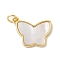 Brass Pave Natural White Shell Pendants, Real 18K Gold Plated, with Jump Rings, Long-Lasting Plated, Lead Free & Cadmium Free, Rack Plating, Butterfly, 15x18.5x2mm, Hole: 3mm