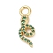 Brass Micro Pave Cubic Zirconia Pendants, Snake Charms, Cadmium Free & Lead Free, Long-Lasting Plated, Rack Plating, Real 18K Gold Plated, Green, 17x6x2mm, Hole: 2.4mm