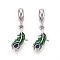 Rack Plating Alloy Enamel European Dangle Charms, Large Hole Pendants, Cadmium Free & Nickel Free & Lead Free, Feather, Platinum, Green, 27.5mm, Hole: 5mm, Feather: 12x12x5.5mm