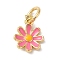 Brass Enamel Charms, with Jump Ring, Long-Lasting Plated, Lead Free & Cadmium Free, Flower Charms, Real 18K Gold Plated, Hot Pink, 10x7.5x2mm, Hole: 3mm