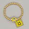 Bohemian Style Glass Seed Beads Charm Bracelets, Brass Round Beads Stretch Bracelets for Women, Sqaure with Smiley Face, with Lampwork Evil Eye Bead, Lime