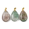 Natural Fluorite Pendants, Teardrop Charms with Brass Findings, Golden, 34x20x8mm, Hole: 4x5mm