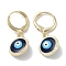 Real 18K Gold Plated Brass Dangle Leverback Earrings, with Enamel, Evil Eye, Dark Blue, 26.5x11mm