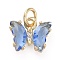 Brass Micro Pave Clear Cubic Zirconia Pendant, with Glass, Butterfly, Golden, Cornflower Blue, 11x9.5x3mm, Hole: 3.5mm