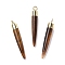 Natural Tiger Eye Brass Pointed Pendants, Cadmium Free & Lead Free, Bullet Shaped, Light Gold, 33~37x4~5mm, Hole: 2mm