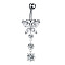 Clear Cubic Zirconia Dangle Belly Button Rings, Stainless Steel Piercing Navel Rings, Curved Barbell Body Jewelry for Women, Stainless Steel Color, Butterfly, 8~13mm, Bar: 10x1.5mm