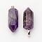 Brass Natural Amethyst Pendants, Bullet, Platinum, Pointed Pendant, 33~36x12mm, Hole: 5x7mm
