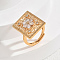 Brass Micro Pave Cubic Zirconia Adjustable Finger Rings for Women, Square with Flower, Golden, White