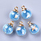 Transparent Glass Globe Pendants, with Resin & Resin Rhinestone & Conch Shell & Glass Micro Beads inside, Plastic CCB Pendant Bails, Round, Golden, Light Sky Blue, 21.5x16mm, Hole: 2mm