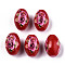 Printed & Spray Painted Opaque Glass Beads, Oval with Floral Pattern, Red, 15x10mm, Hole: 1.6mm