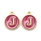 Golden Plated Alloy Enamel Charms, Cadmium Free & Lead Free, Enamelled Sequins, Flat Round with Letter, Camellia, Letter.J, 14x12x2mm, Hole: 1.5mm