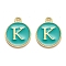 Golden Plated Alloy Enamel Charms, Enamelled Sequins, Flat Round with Alphabet, Letter.K, Green, 14x12x2mm, Hole: 1.5mm