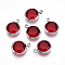 K9 Glass Charms, Flat Round, with Brass Findings, Faceted, Platinum, FireBrick, 13.5~14x10.5~11x3.5~4mm, Hole: 1.8mm