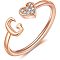 Adjustable Brass Rhinestone Cuff Rings, Letter & Heart, Rose Gold, Letter G, Inner Diameter: 15~20mm