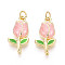 Brass Enamel Pendants, with Jump Ring, Cadmium Free & Lead Free, Flower Charms, Real 18K Gold Plated, 22.5x11.5x4mm, Hole: 3.5mm