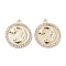 Brass Micro Pave Clear Cubic Zirconia Pendants, Cadmium Free & Nickel Free & Lead Free, Flat Round with Moon Charms, Real 18K Gold Plated, 16x13x2.5mm, Hole: 1mm