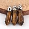Bullet Natural Tiger Eye Pointed Pendants, with Platinum Tone Alloy Findings, 33~40x8~10mm, Hole: 3x2mm