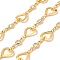 Handmade Brass Link Chain, with Glass Beads, Unwelded, with Spool, Heart, Real 18K Gold Plated, 10x11x0.5mm and 10x5x2mm and 5.5x2.5x0.9mm, about 16.40 Feet(5m)/Roll