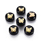Handmade Lampwork Beads, with Golden Plated Brass Etched Metal Embellishments, Flat Round with Butterfly, Black, 8x5~6mm, Hole: 0.8mm