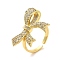 Brass Micro Pave Cubic Zirconia Cuff Rings, Cadmium Free & Lead Free, Bowknot, Real 16K Gold Plated, Inner Diameter: 17mm