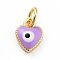 Rack Plating Brass Enamel Charms, with Jump Rings, Cadmium Free & Lead Free, Real 18K Gold Plated, Heart with Evil Eye, Lilac, 9x7x2.6mm, Hole: 3mm