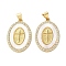 Brass Micro Pave Cubic Zirconia Pendants, with Shell, Oval with Cross Charms, Rack Plating, Lasting Plated, Cadmium Free & Lead Free, Real 18K Gold Plated, 28x18.5x3mm, Hole: 4.5x3.5mm