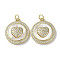 Brass Micro Pave Cubic Zirconia Pendants, Cadmium Free & Lead Free, with Shell, Flat Round with Heart Pattern, Real 18K Gold Plated, 20.5x18x4.5mm, Hole: 3mm